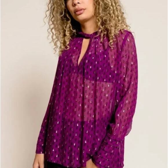 BA&SH Cabri Metallic Sheer Blouse Plum Purple Sz M {MM34} - Picture 2 of 9
